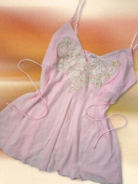 Linea Donatella Y2K vintage baby pink beaded lingerie sheer chemise cami 🎀